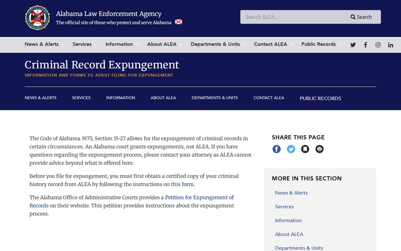 Hale County criminal record expungement guidance from ALEA